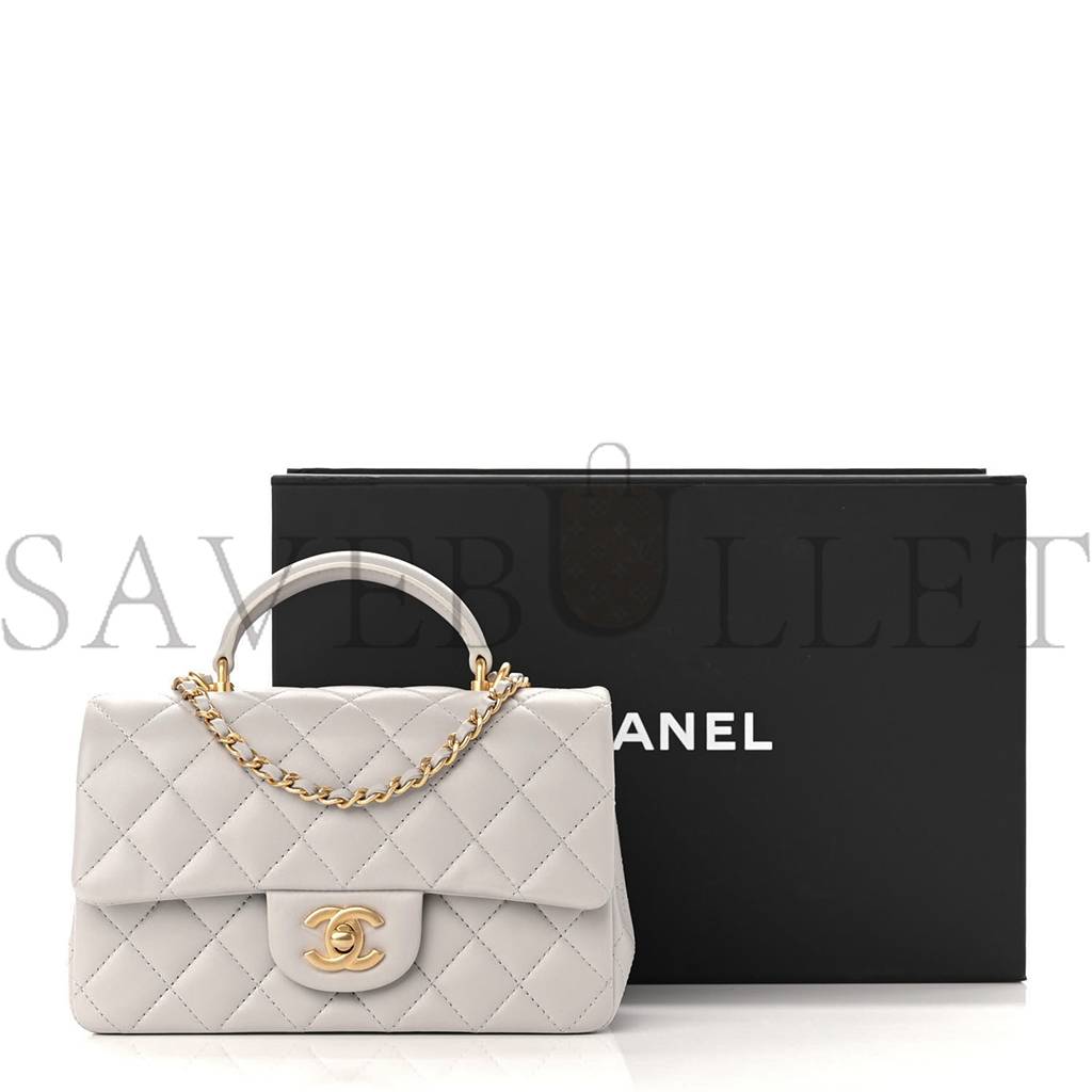 CHANEL LAMBSKIN QUILTED MINI TOP HANDLE RECTANGULAR FLAP GREY GOLD HARDWARE (20*13*6cm)