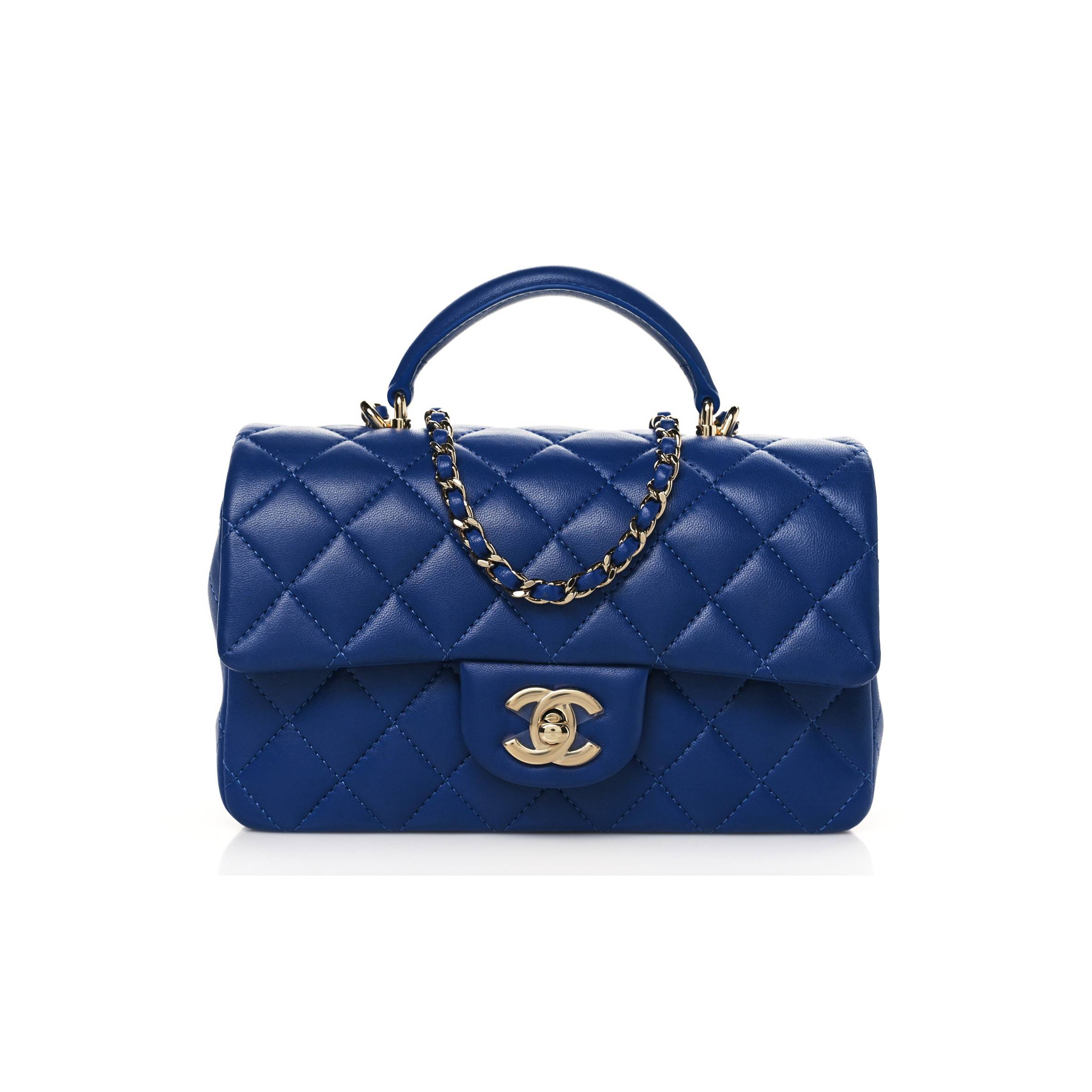 CHANEL LAMBSKIN QUILTED MINI TOP HANDLE RECTANGULAR FLAP BLUE ROSE GOLD HARDWARE (20*12*6cm)