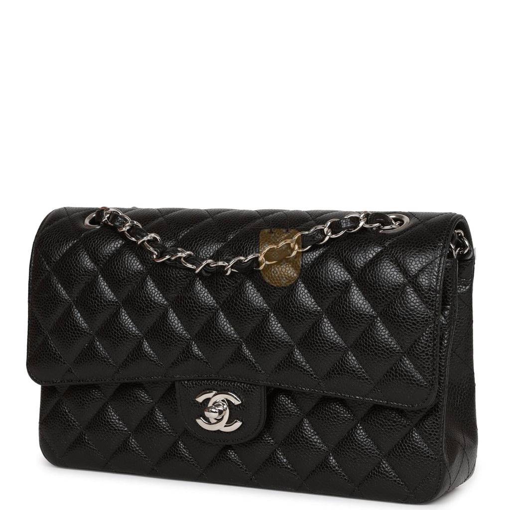 CHANEL MEDIUM CLASSIC DOUBLE FLAP BAG BLACK QUILTED CAVIAR SILVER HARDWARE (25*15*7cm)
