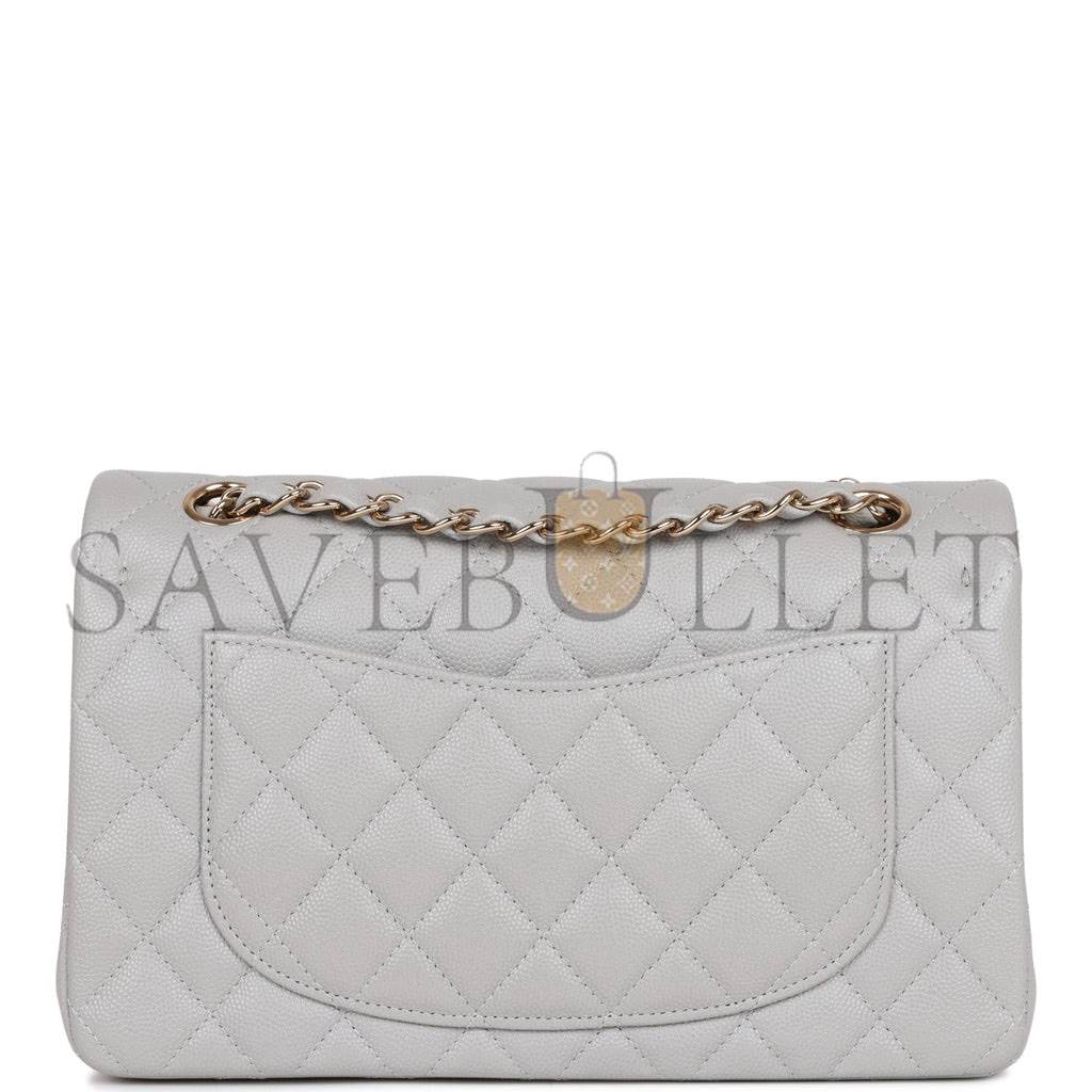 CHANEL SMALL CLASSIC DOUBLE FLAP GREY CAVIAR LIGHT GOLD HARDWARE (23*13*6cm)