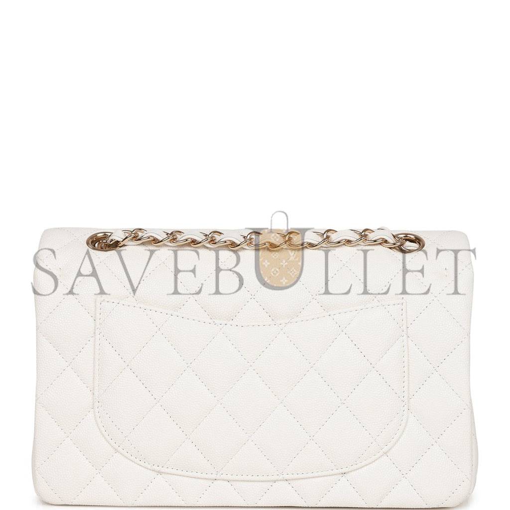 CHANEL SMALL CLASSIC DOUBLE FLAP WHITE CAVIAR LIGHT GOLD HARDWARE (23*13*6cm)