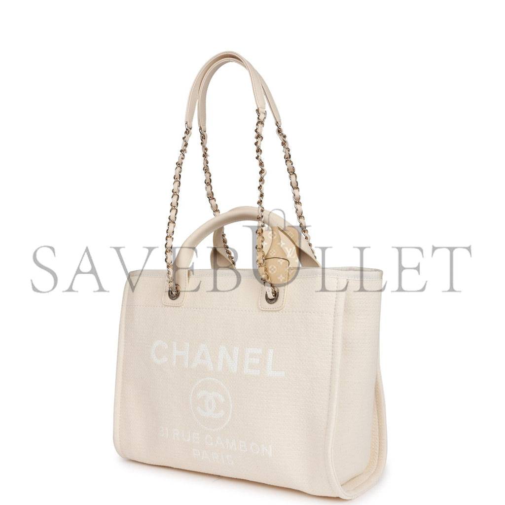 CHANEL LARGE DEAUVILLE SHOPPING BAG WHITE BOUCLE LIGHT GOLD HARDWARE (41*28*15cm)