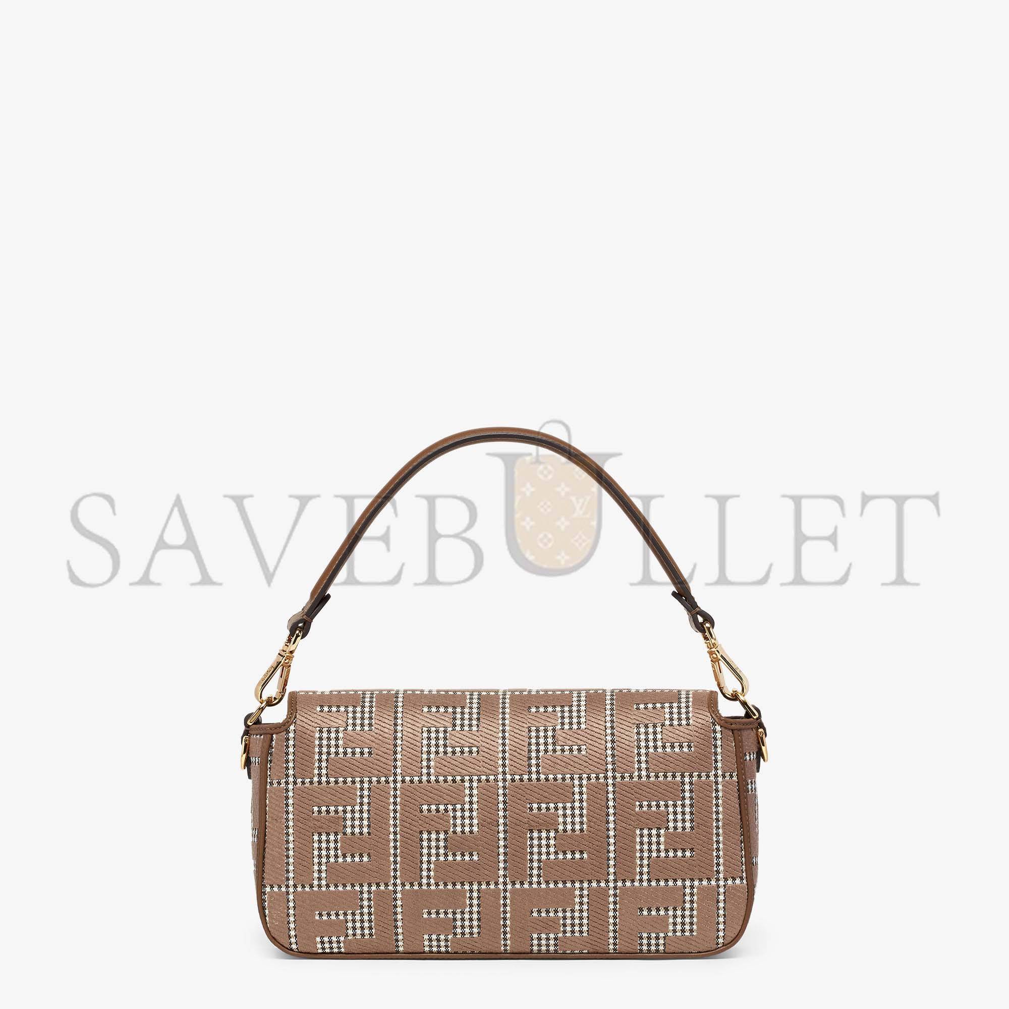 FENDI BAGUETTE - BROWN HOUNDSTOOTH WOOL BAG WITH FF EMBROIDERY 8BR600AKRZF1IRG (27*15*6cm)