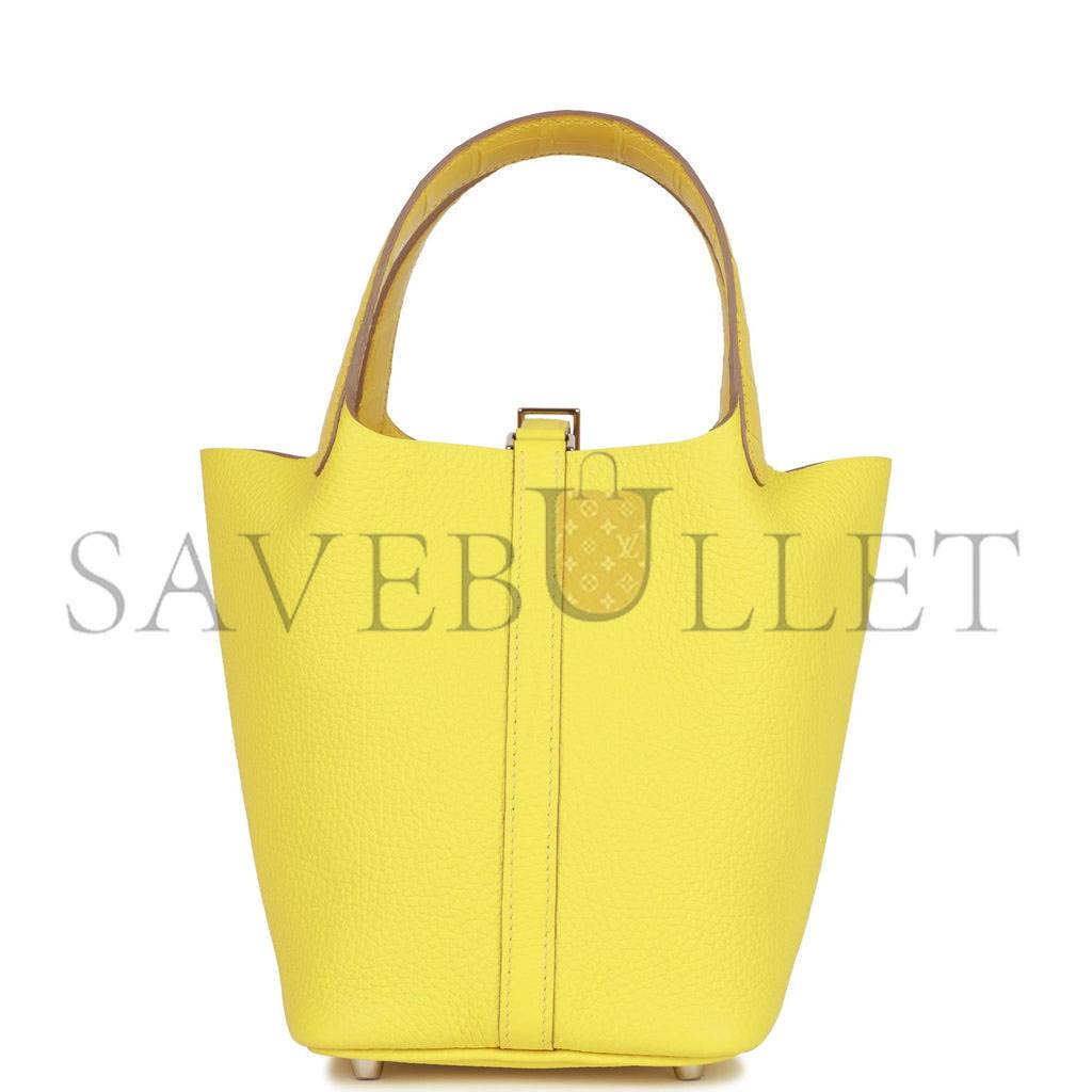 HERMES PICOTIN LOCK 18 MIMOSA MATTE ALLIGATOR AND LIME CLEMENCE TOUCH PALLADIUM HARDWARE (17.8*12.7*19.1cm)