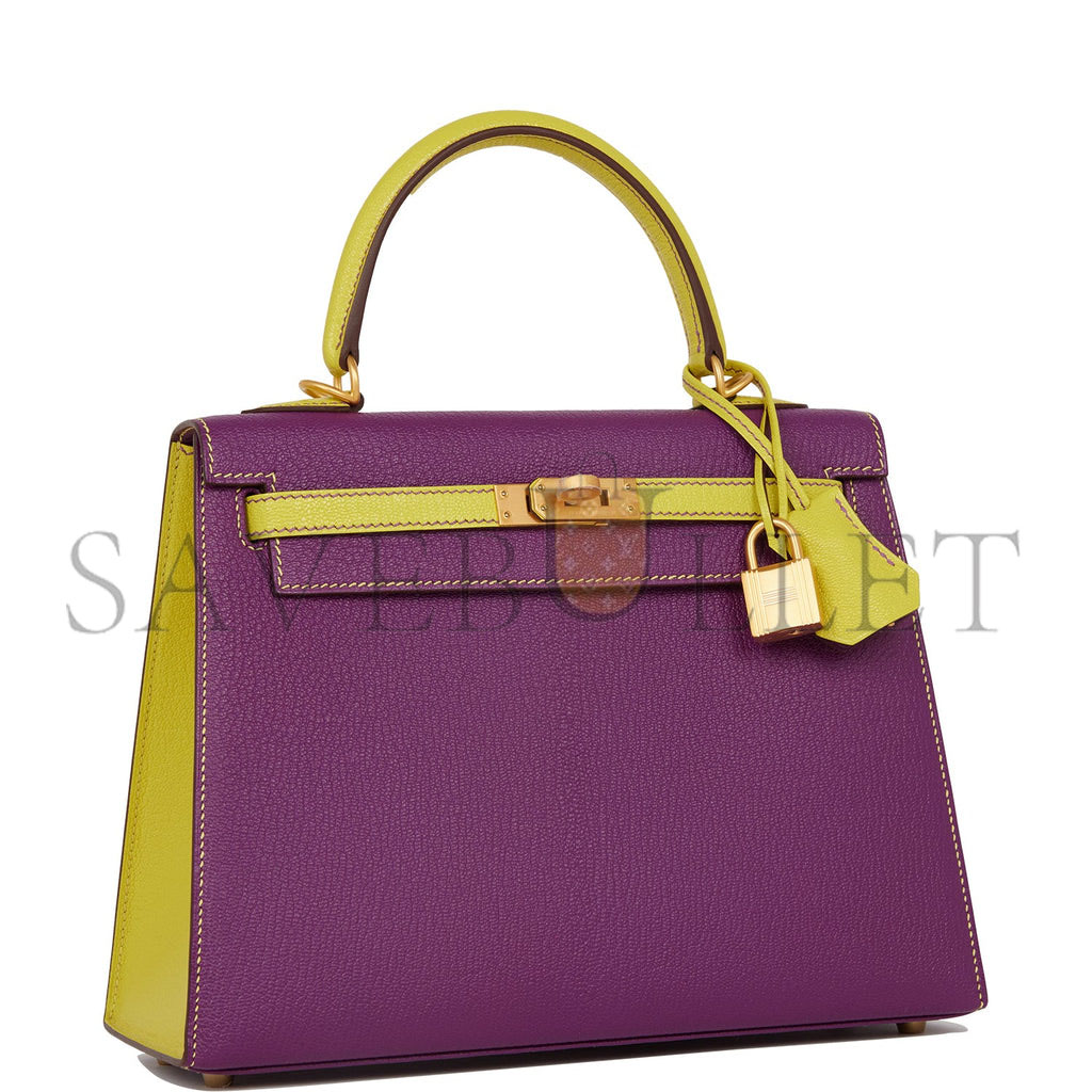 HERMES SPECIAL ORDER (HSS) KELLY SELLIER 25 ANEMONE AND LIME CHEVRE BRUSHED GOLD HARDWARE HANDMADE (24.9*19.1*8.9cm)
